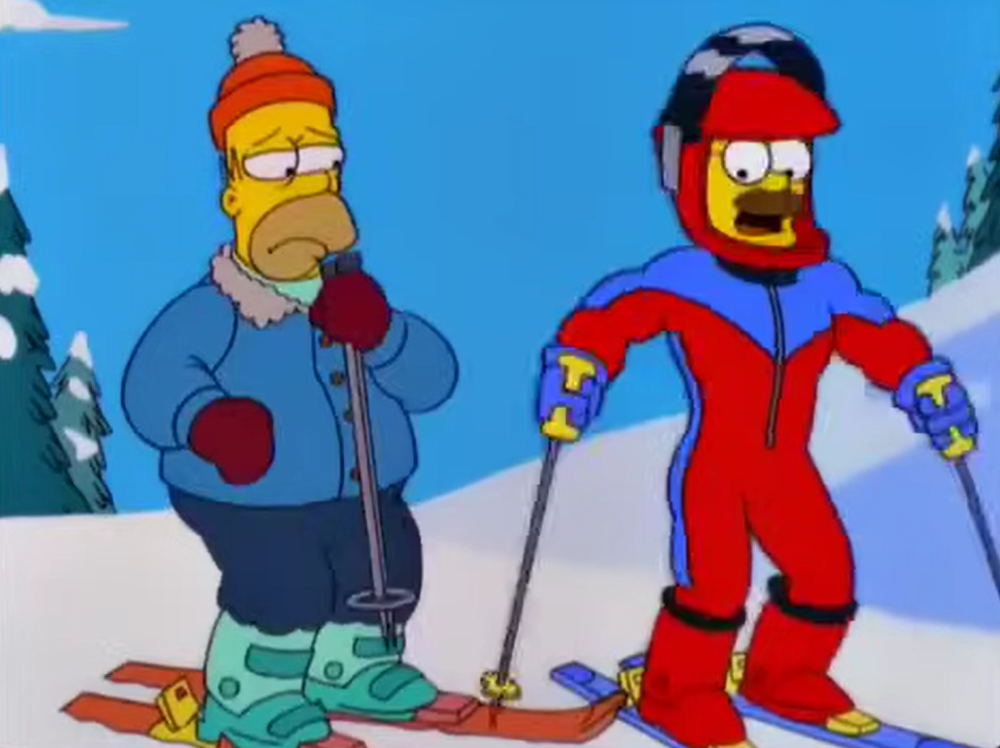 Captura de un capítulo de la serie "The Simpsons" en donde se puede ver a Homero Simpson y a Ned Flanders esquiando | Fuente: YouTube/AreaEightyNine