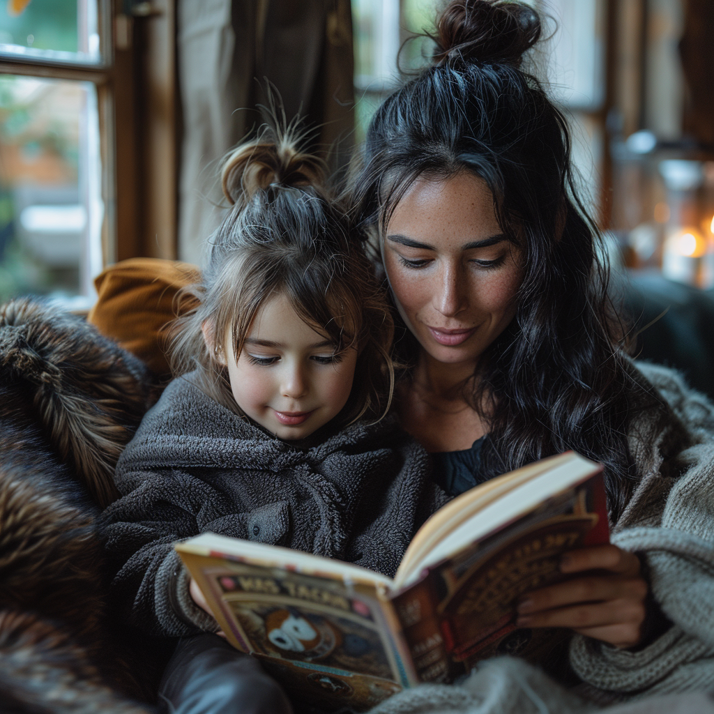 Una mujer y una niña leyendo un libro | Fuente: Midjourney