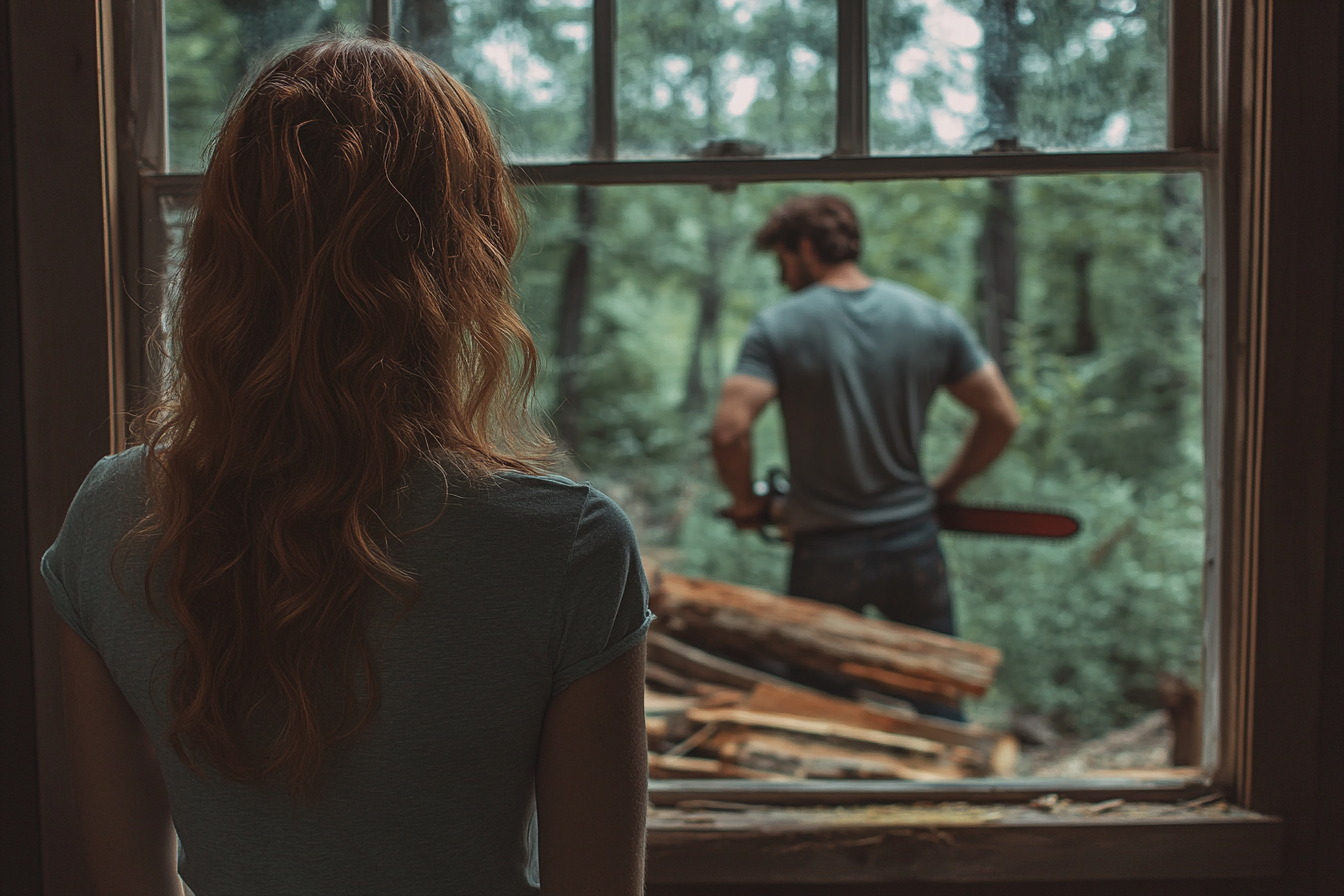 Una mujer observa a un hombre a través de su ventana | Fuente: Midjourney