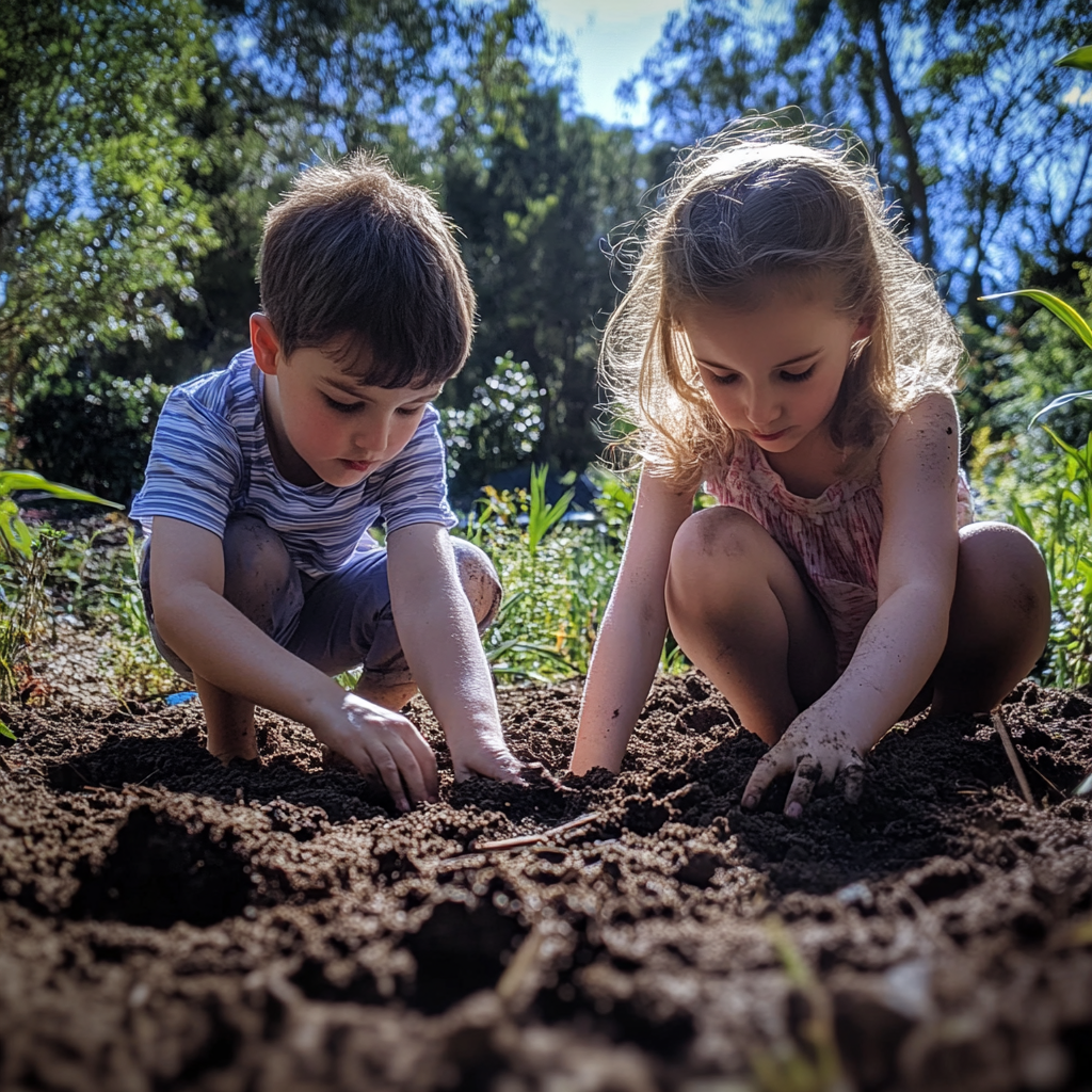 Niño y niña cavando en el jardín | Fuente: Midjourney