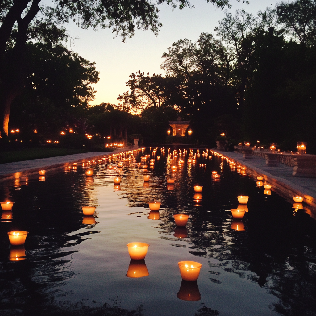 Velas flotantes en una piscina | Fuente: Midjourney