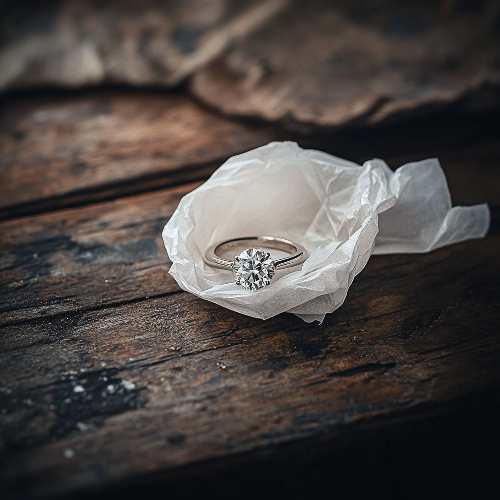 Un anillo de boda envuelto en un pañuelo sobre una vieja mesa de madera | Fuente: Midjourney