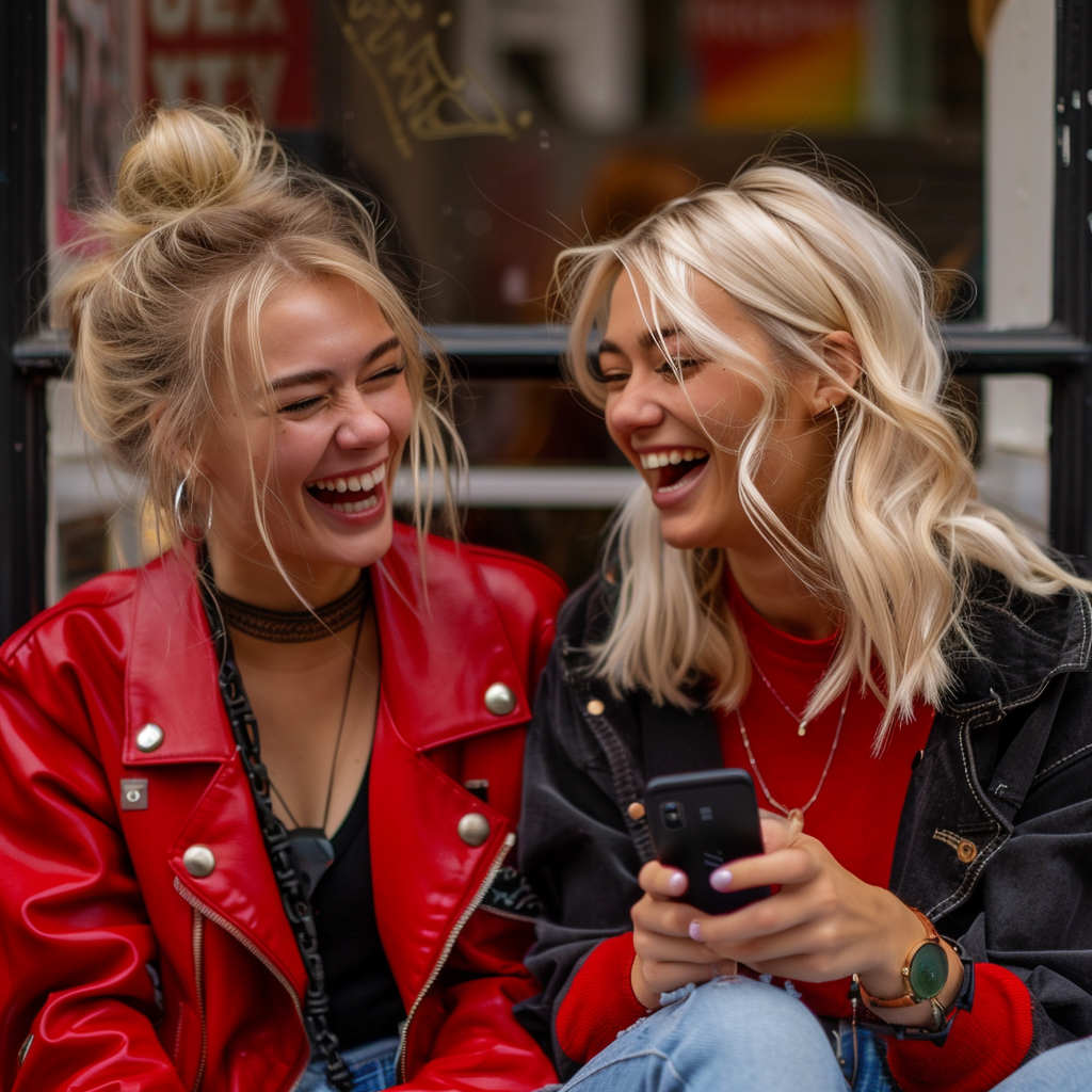 Lilian y su amiga Hailey sonriendo mientras miran un smartphone | Fuente: Midjouney