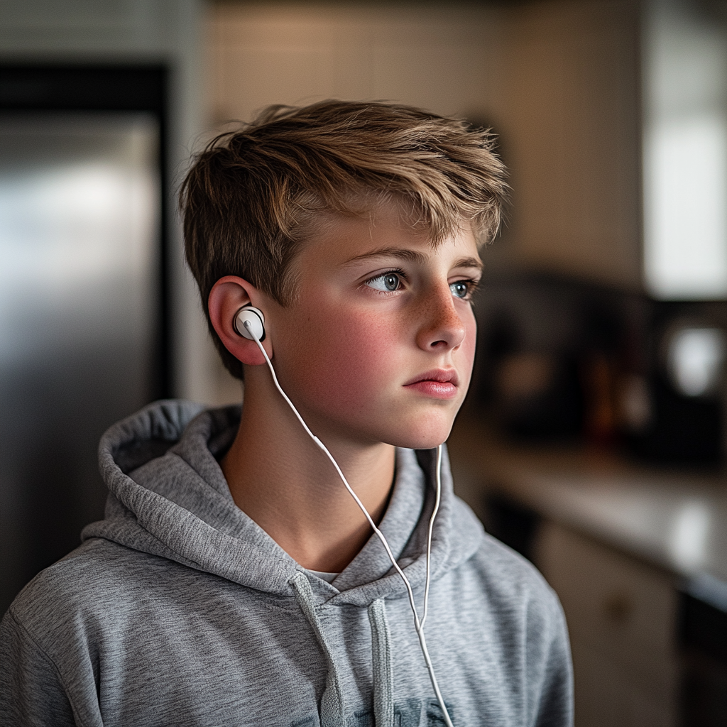 Un niño de pie en la cocina con los auriculares conectados | Fuente: Midjourney