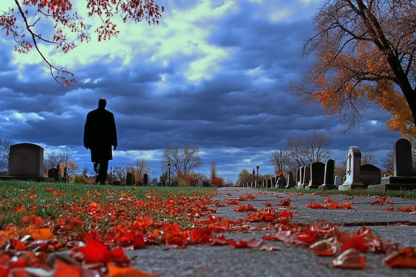 Un hombre caminando por un cementerio en un día nublado | Fuente: Midjourney