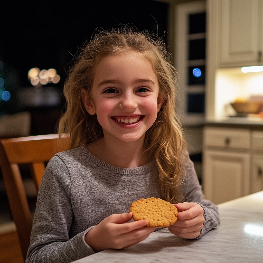 Una niña feliz con una galleta | Fuente: Midjourney