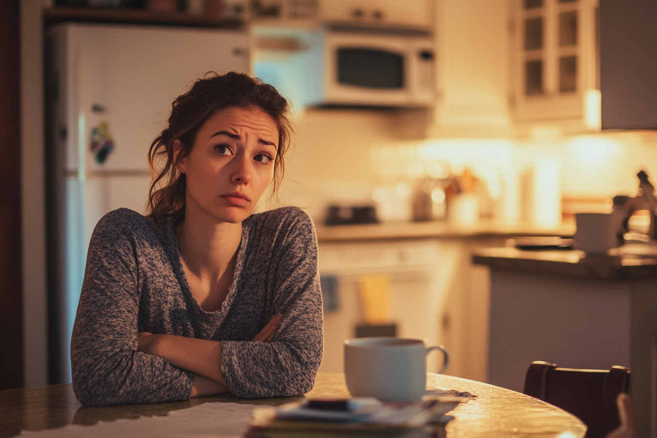 Una mujer cansada sentada a la mesa de la cocina | Fuente: Midjourney