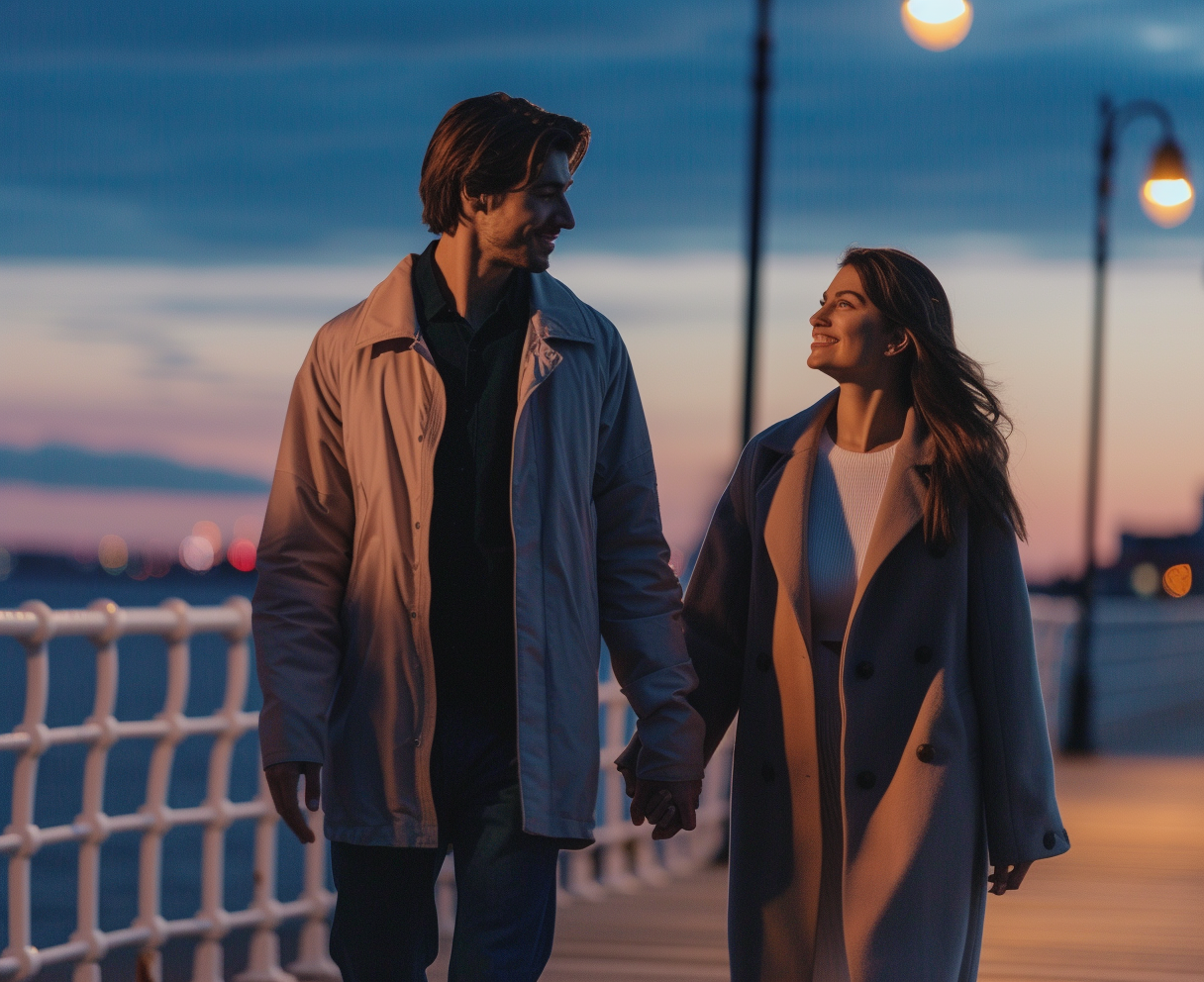 Una joven pareja sonriente cogida de la mano | Fuente: Midjourney