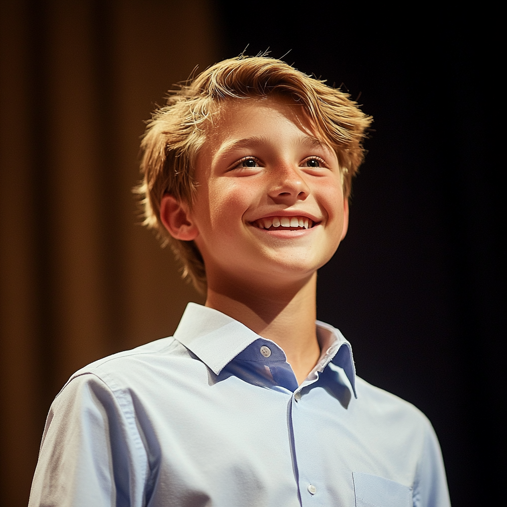 Un niño sonriente de pie en un escenario | Fuente: Midjourney