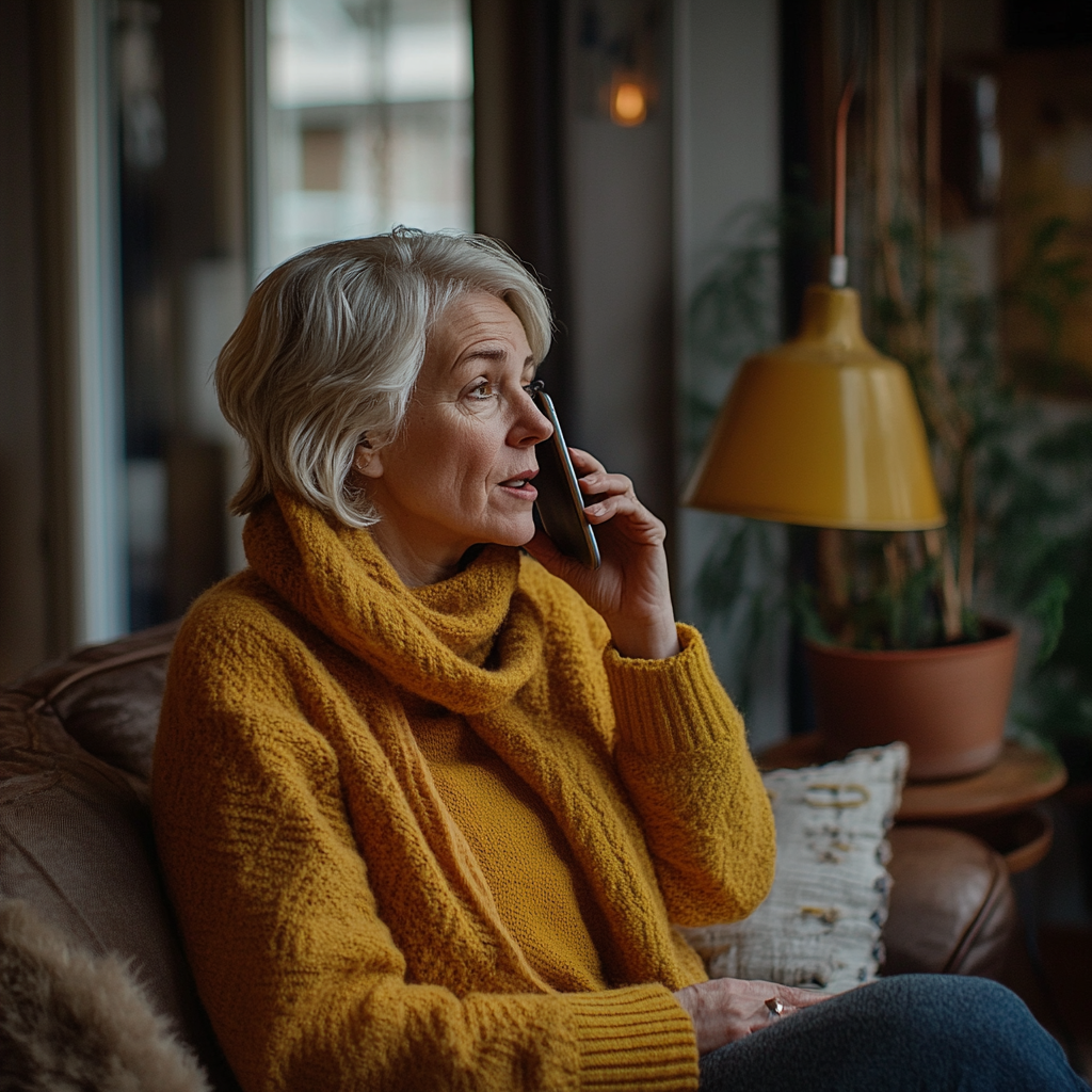 Una mujer de mediana edad hablando por teléfono | Fuente: Midjourney