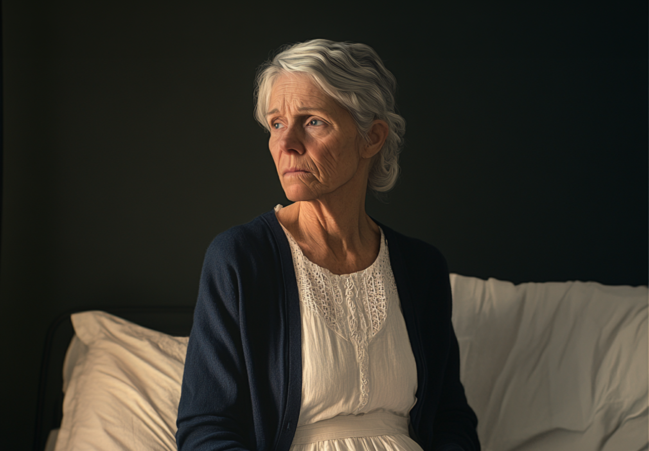 Una anciana alterada sentada en una cama | Fuente: Midjourney