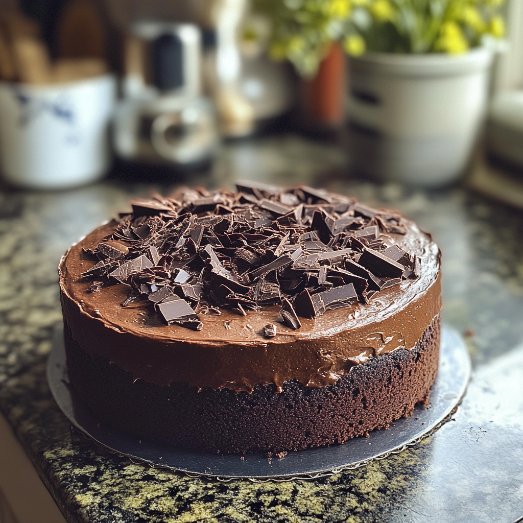 Un pastel de chocolate sobre un mostrador | Fuente: Midjourney