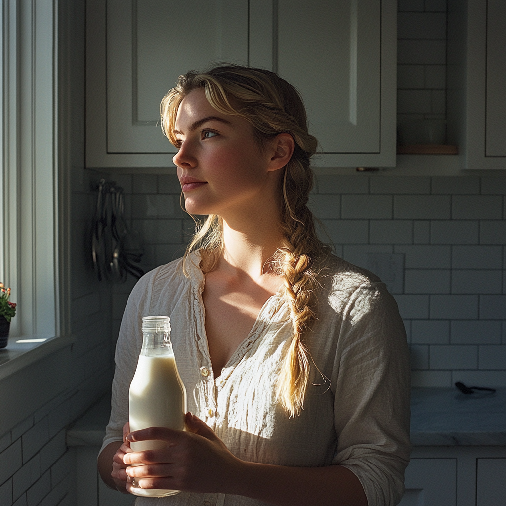 Una mujer con una botella de leche en la mano | Fuente: Midjourney