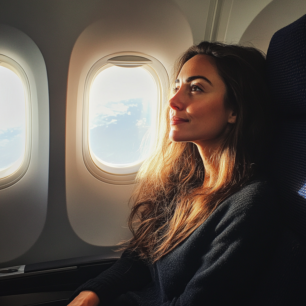 Una mujer sentada en un avión | Fuente: Midjourney