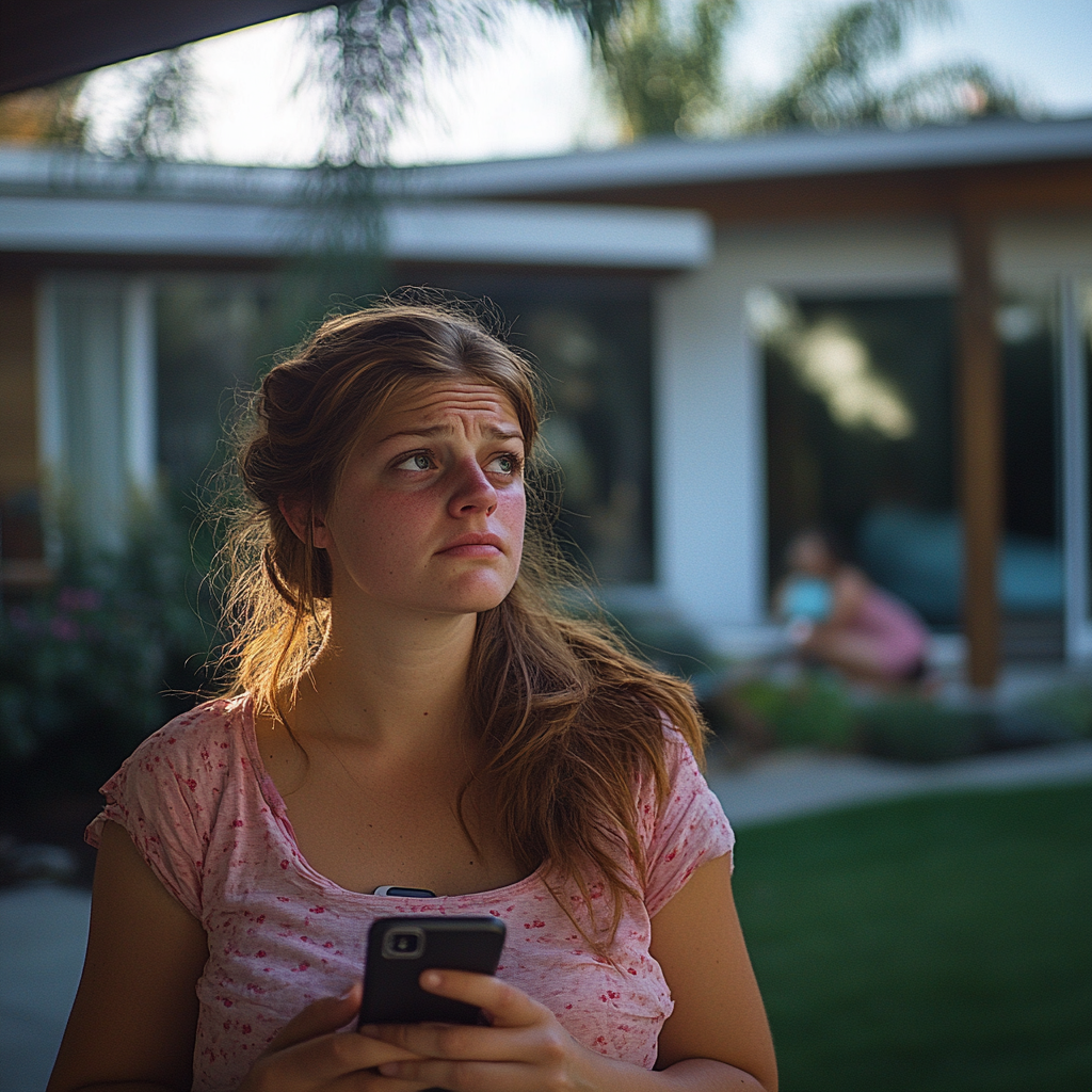 Una mujer estresada sujetando un teléfono | Fuente: Midjourney