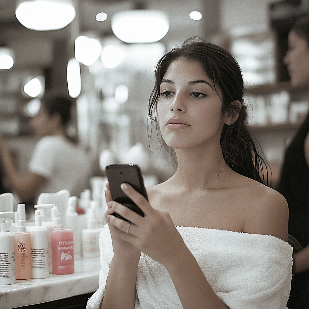 Una mujer alterada mirando un teléfono | Fuente: Midjourney