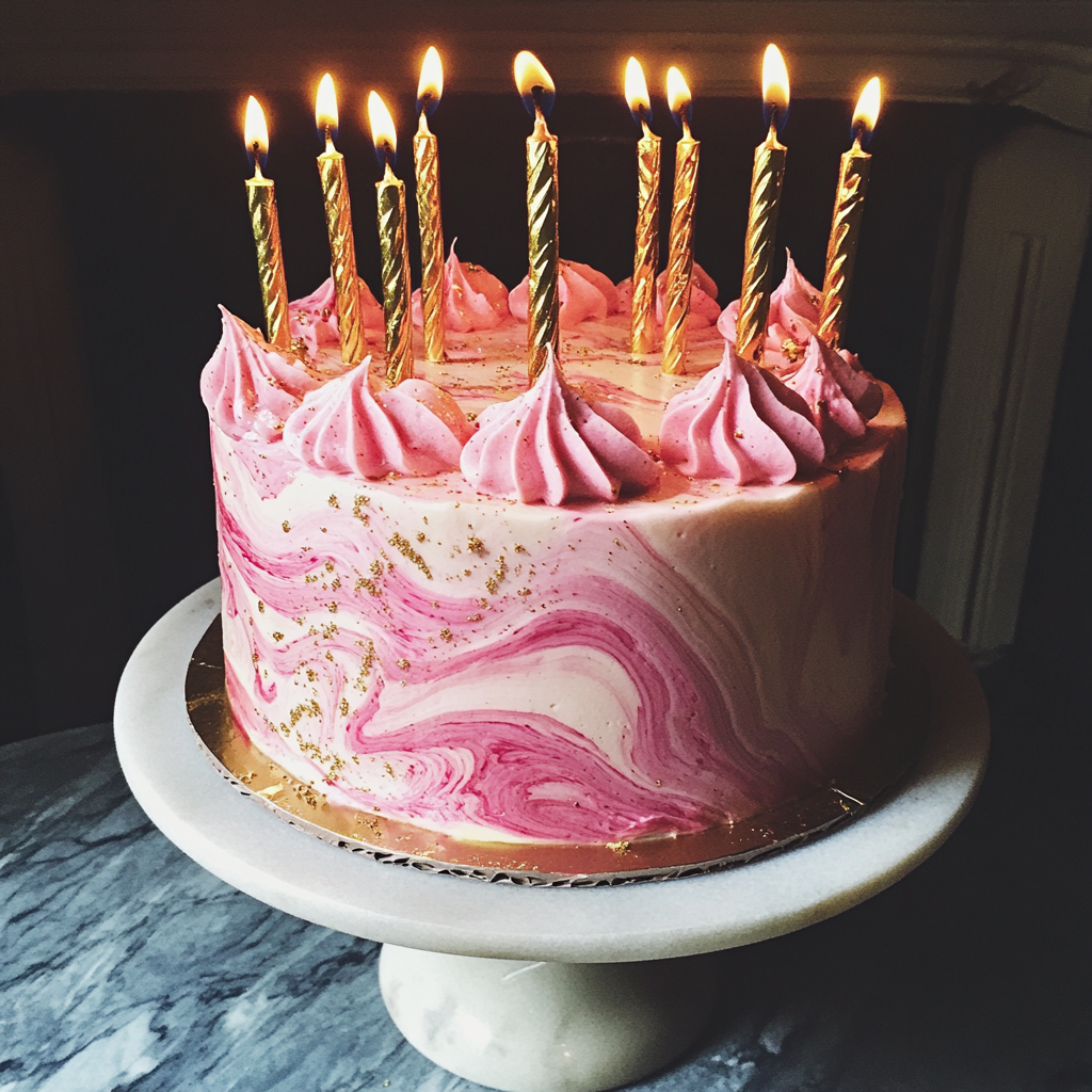 Pastel de cumpleaños rosa con velas doradas | Fuente: Midjourney