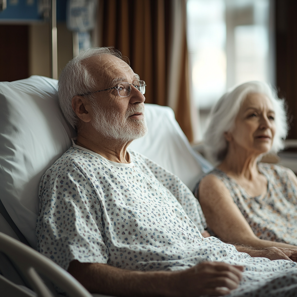 Pareja de ancianos manteniendo una conversación | Fuente: Midjourney