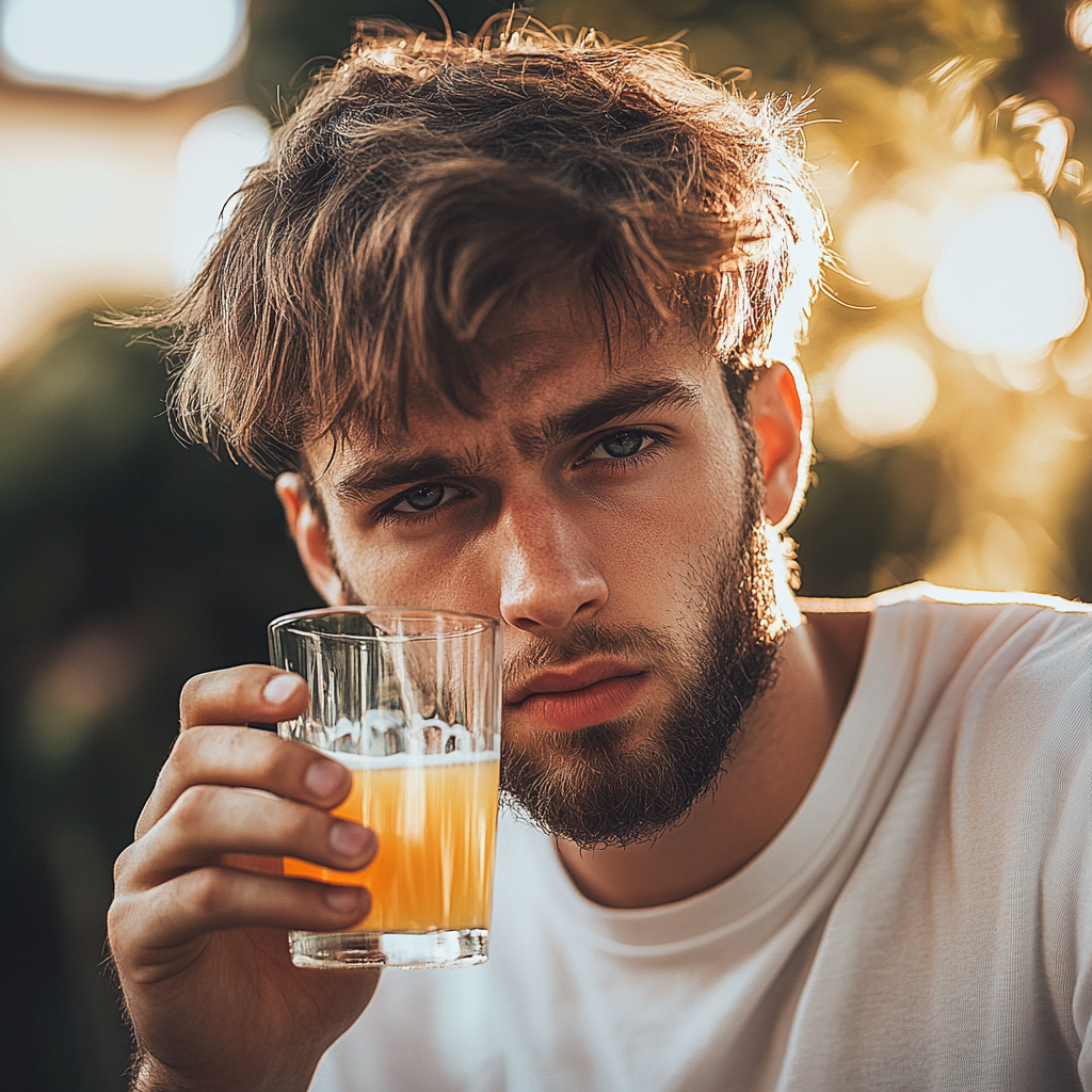 Un joven molesto con un vaso de zumo en la mano | Fuente: Midjourney