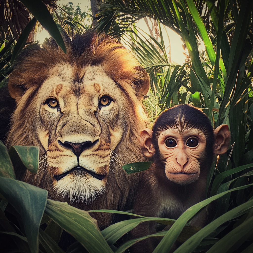 Un león y un mono en la selva | Fuente: Midjourney