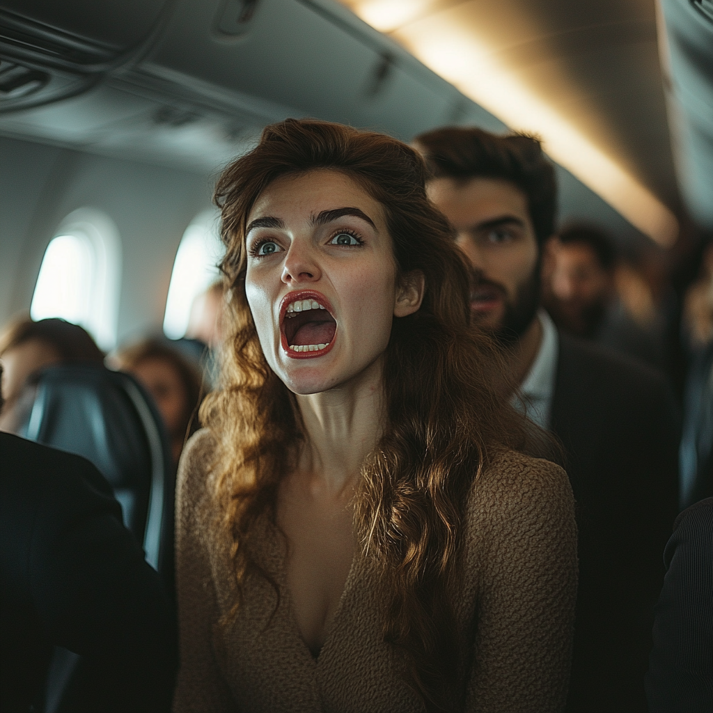 Un pasajero enfadado gritando en un avión | Fuente: Midjourney