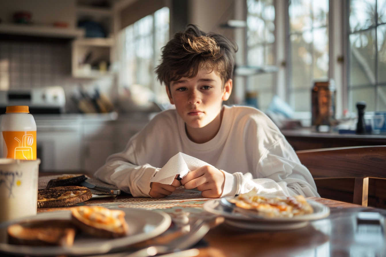 Un niño sentado a la mesa del desayuno | Fuente: Midjourney