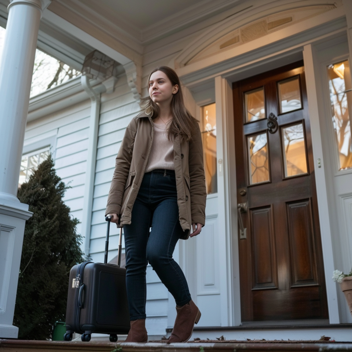 Una mujer sale de su casa con una maleta en la mano | Fuente: Midjourney