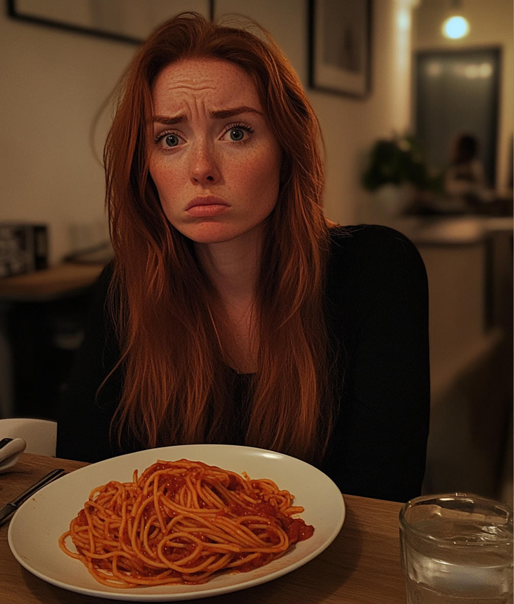 Una mujer disgustada sentada a la mesa del comedor | Fuente: Midjourney