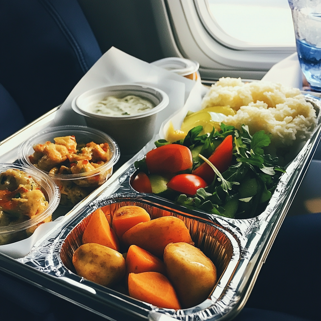 Una bandeja de comida de avión | Fuente: Midjourney