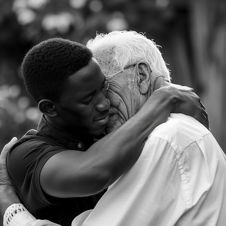 Un hombre negro abrazando a su padre adoptivo blanco | Fuente: Midjourney