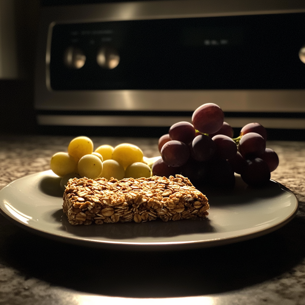 Una barrita de cereales y uvas en un plato | Fuente: Midjourney