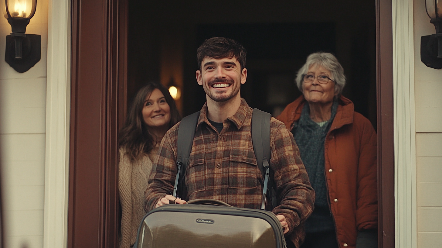 Un hombre sonriendo con dos mujeres detrás | Fuente: Midjourney