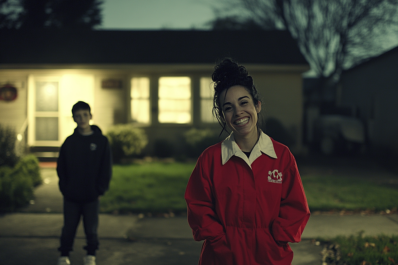 Mujer de unos 40 años, vestida de uniforme y sonriente, delante de una casa modesta con un adolescente al fondo | Fuente: Midjourney