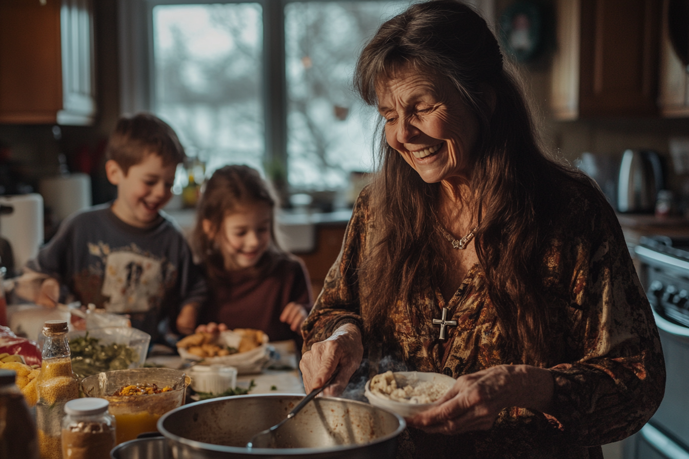 Una mujer de unos 60 años cocinando en la cocina sonriendo mientras dos niños ayudan en el fondo | Fuente: Midjourney