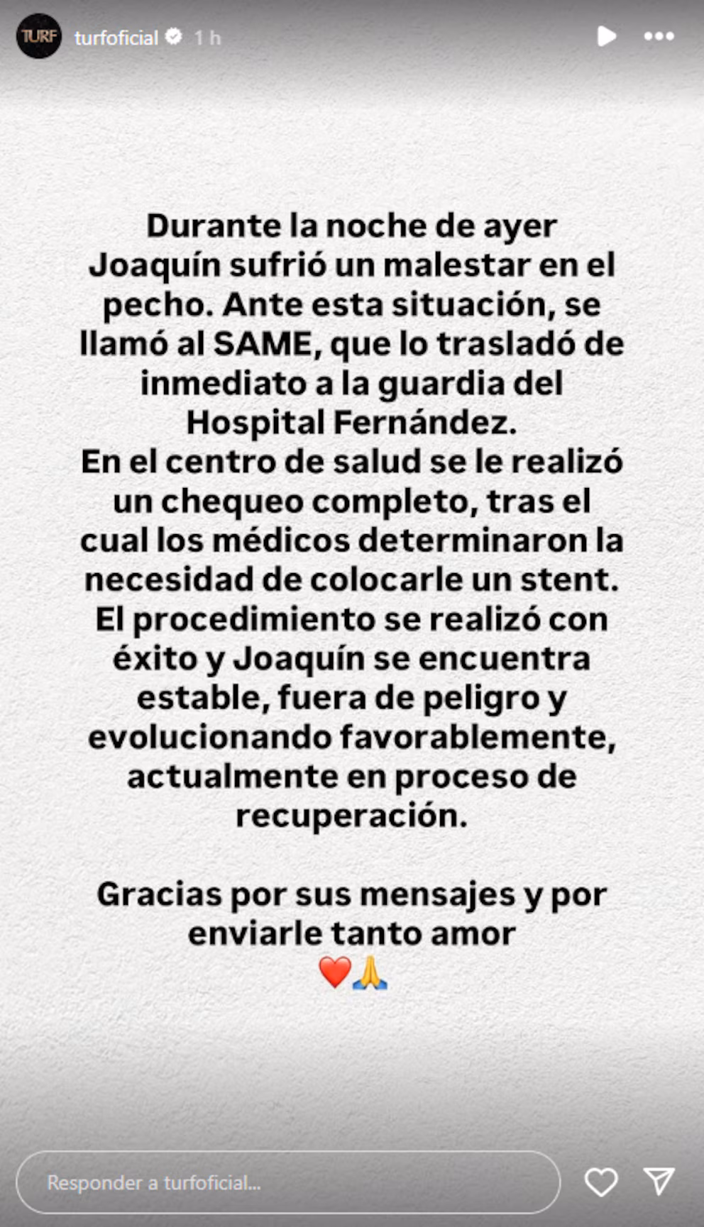 Comunicado de la banda Turf sobre el estado de salud de Joaquín Levinton | Fuente: Instagram Stories/turfoficial