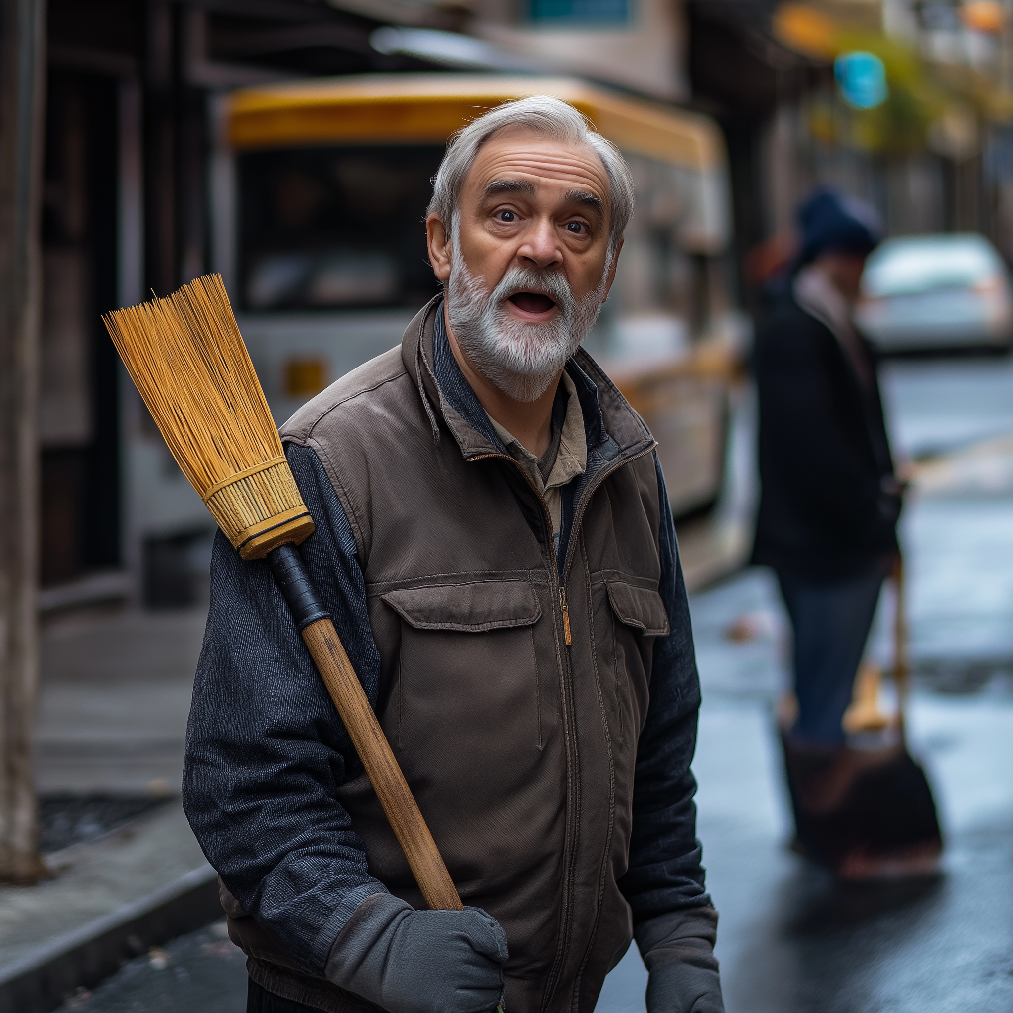 Un anciano sorprendido sujetando un cepillo de barrer mientras está de pie en la carretera | Fuente: Midjourney