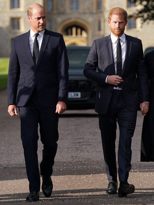 El príncipe William y el príncipe Harry caminan juntos para encontrarse con miembros del público el 10 de septiembre de 2022, en Windsor, Inglaterra. | Fuente: Getty Images