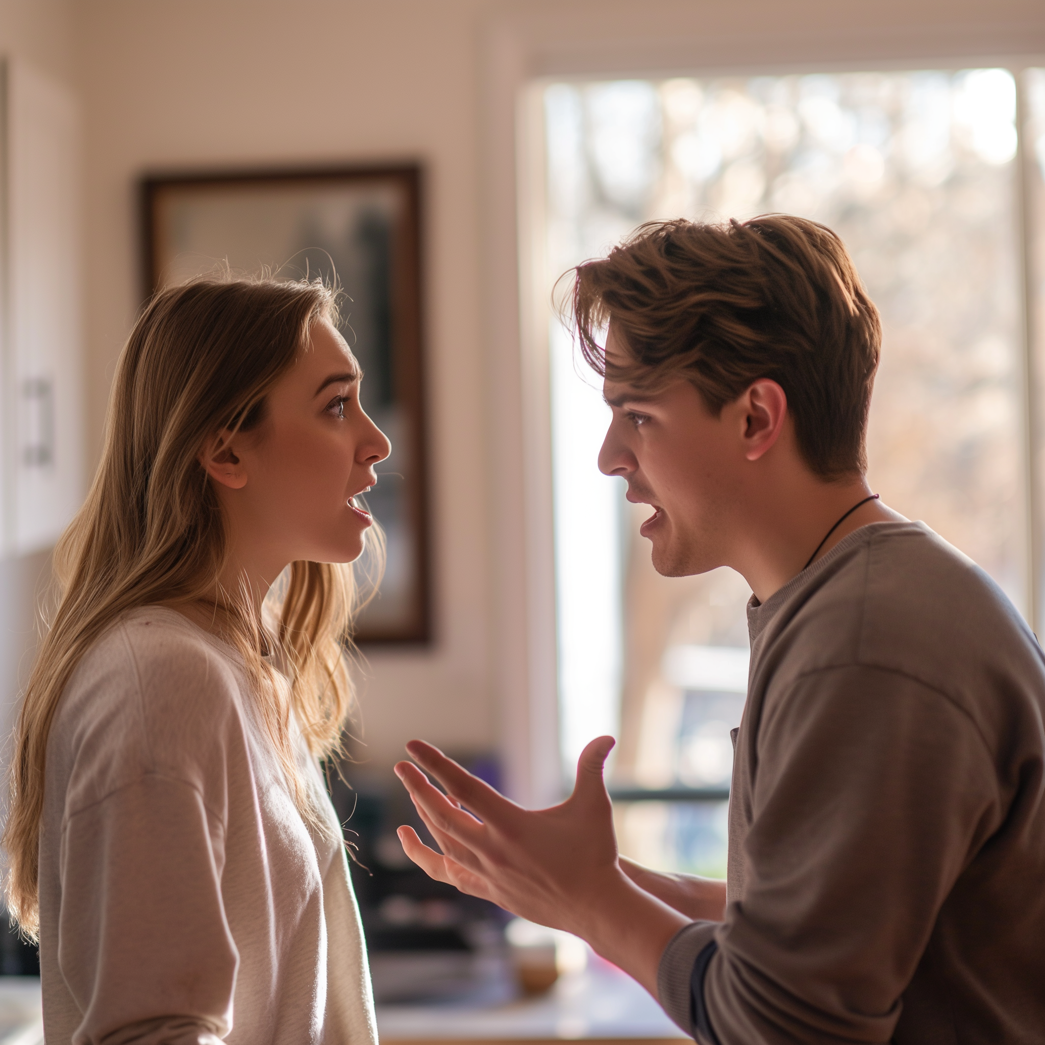 Una pareja discutiendo en el salón | Fuente: Midjourney