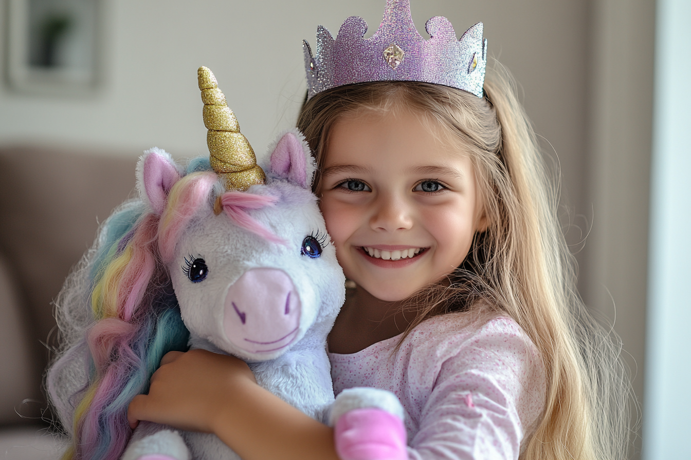 Una niña con un unicornio de peluche | Fuente: Midjourney