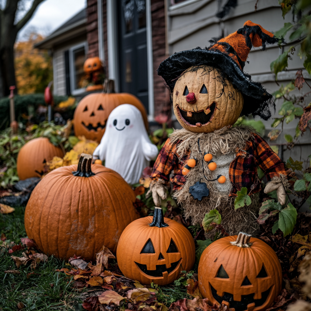 Un patio decorado para Halloween con un espantapájaros, simpáticos fantasmas y enormes calabazas | Fuente: Midjourney