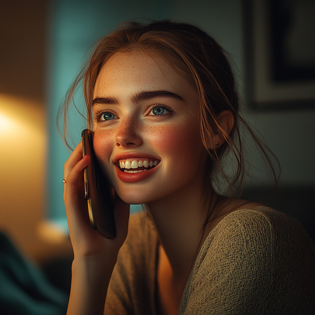 Una mujer sonriente hablando por teléfono | Fuente: Midjourney