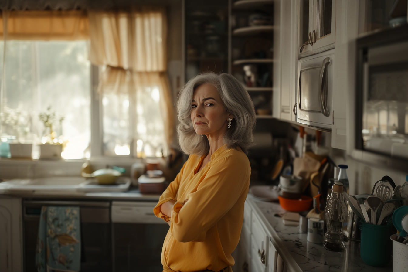 Una mujer enfadada con los brazos cruzados en una cocina desordenada | Fuente: Midjourney