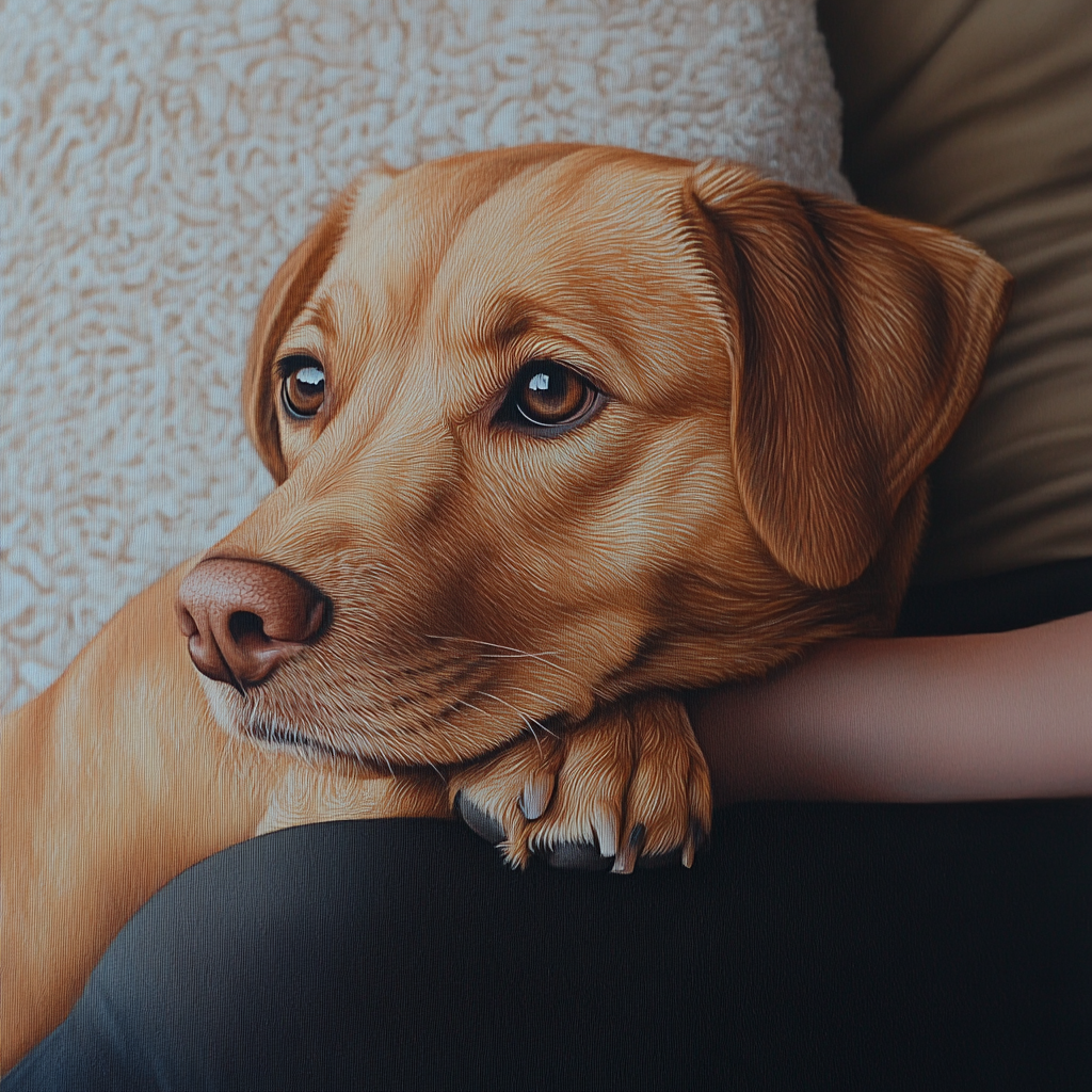 Un perro apoyando la cabeza en el regazo de una mujer | Fuente: Midjourney