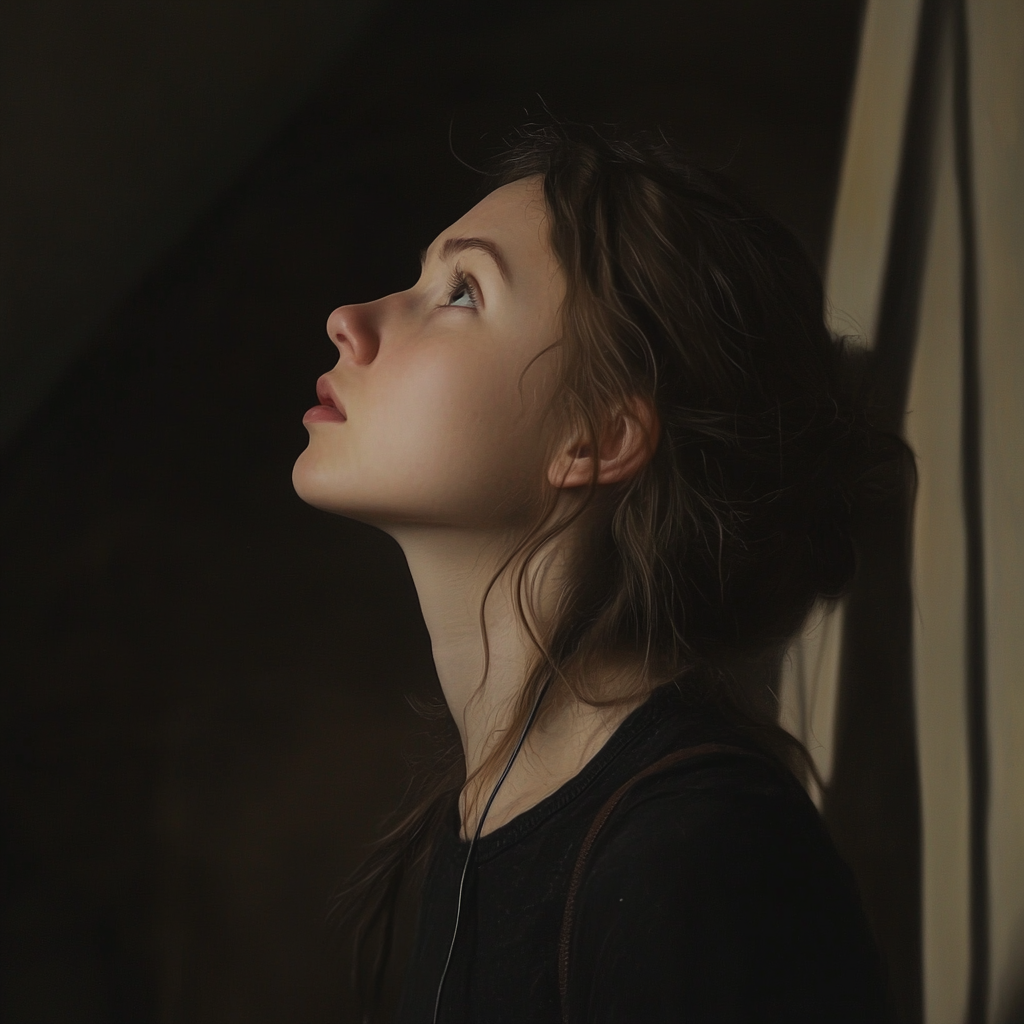 Una ragazza che ascolta quel rumore al piano di sopra | Fonte: Midjourney