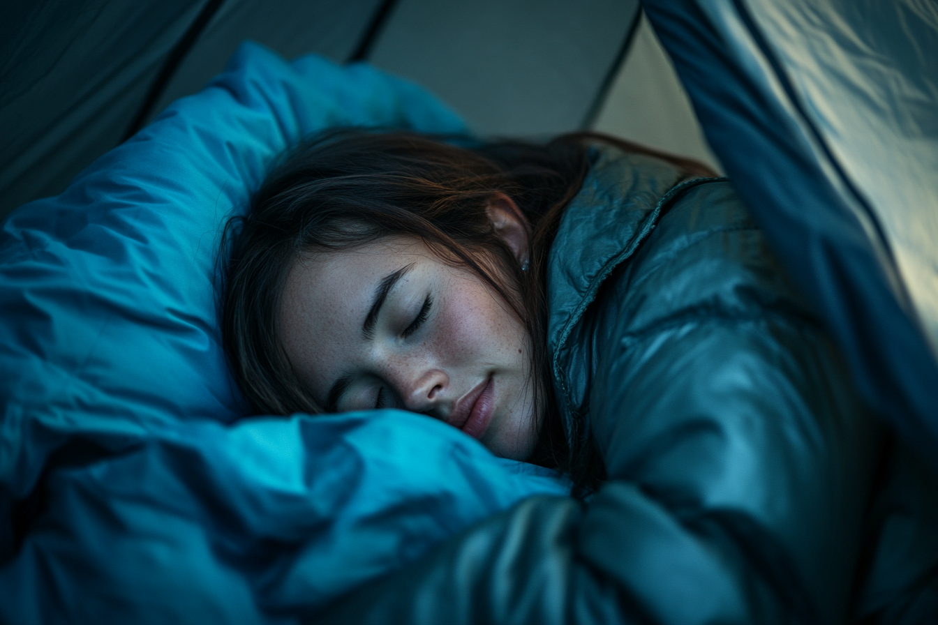 Una mujer durmiendo en una tienda | Fuente: Midjourney