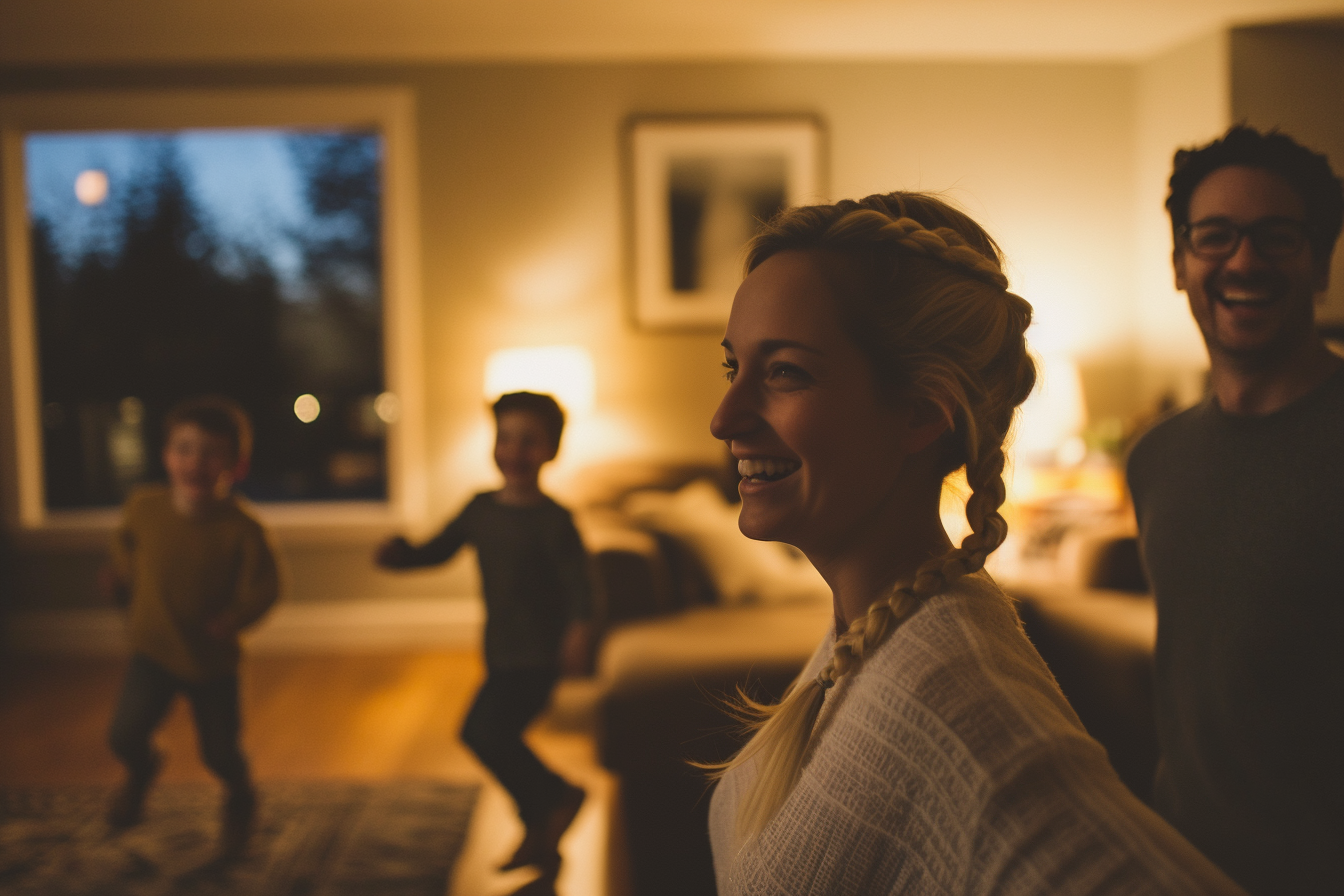 Mujer de unos 30 años sonriendo feliz mientras su marido y sus hijos gemelos corren en un salón | Fuente: Midjourney