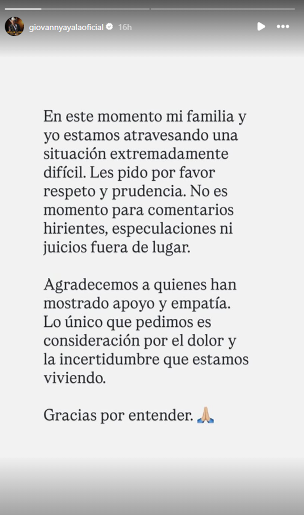 Comunicado de Giovanny Ayala compartido en Instagram tras el secuestro de su hijo, Miguel Ayala | Fuente: Instagram Stories/giovannyayalaoficial