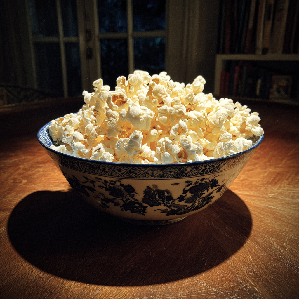 Un bol de palomitas sobre una mesa | Fuente: Midjourney