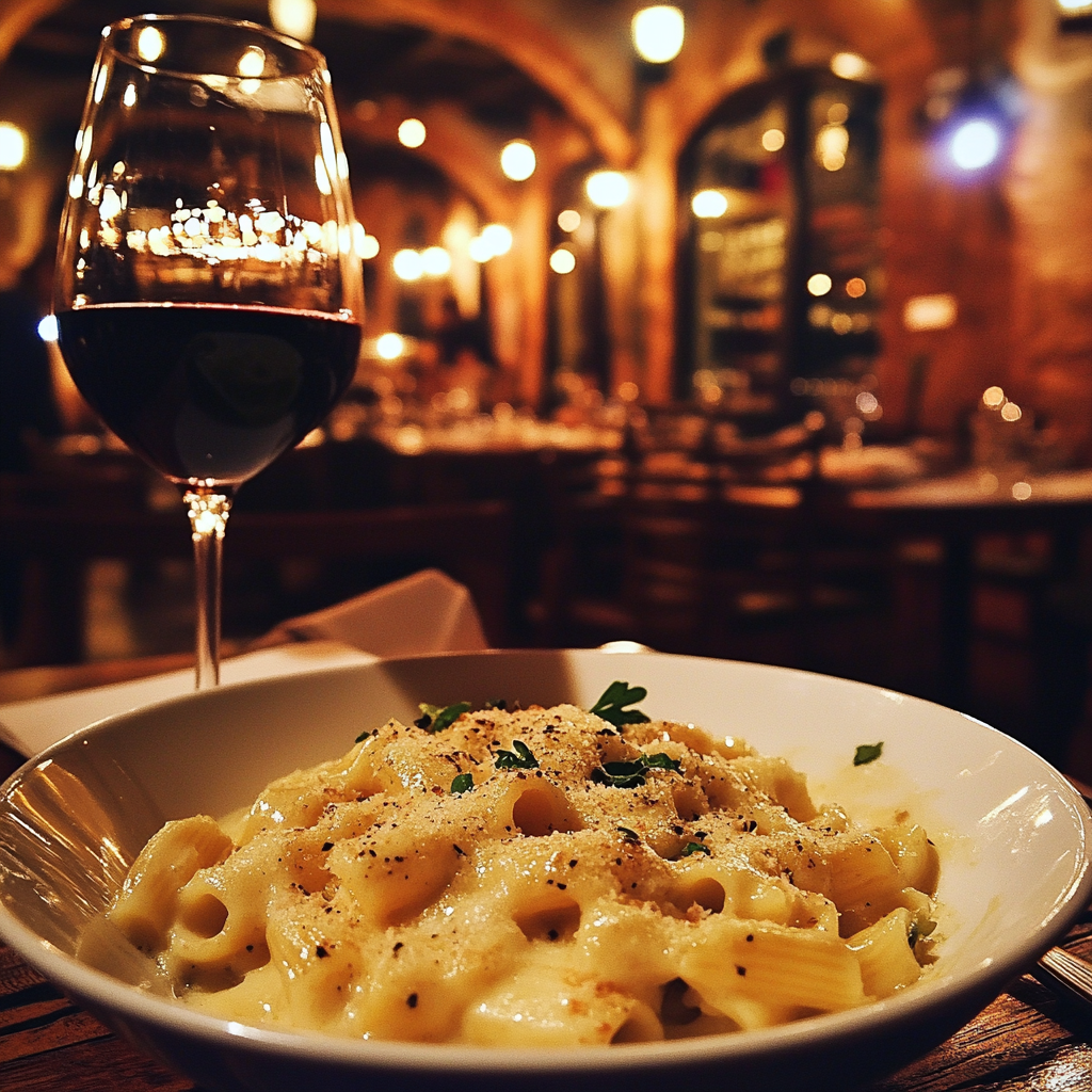Comida y vino en un restaurante | Fuente: Midjourney