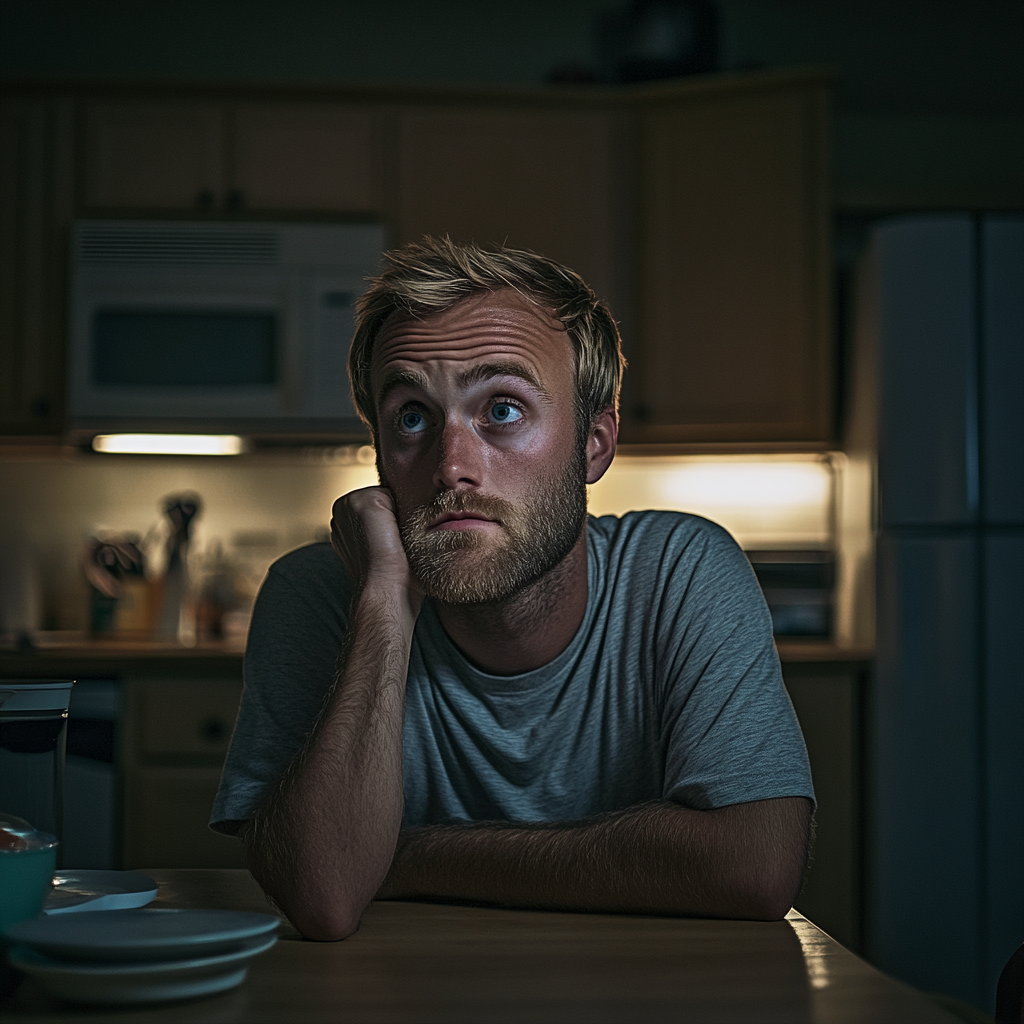 Un hombre parece avergonzado sentado a la mesa de la cocina | Fuente: Midjourney